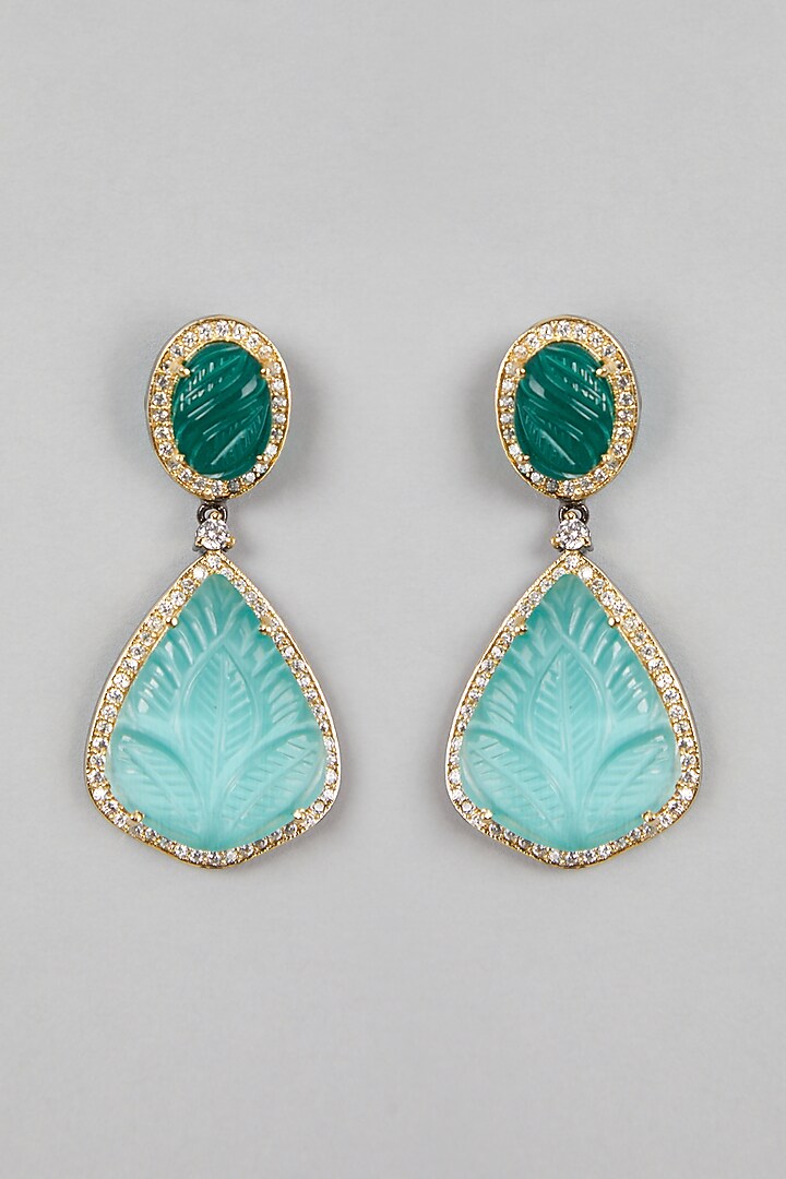 Gold Finish Carved Stone Drop Earrings by VASTRAA Jewellery at Pernia's Pop Up Shop