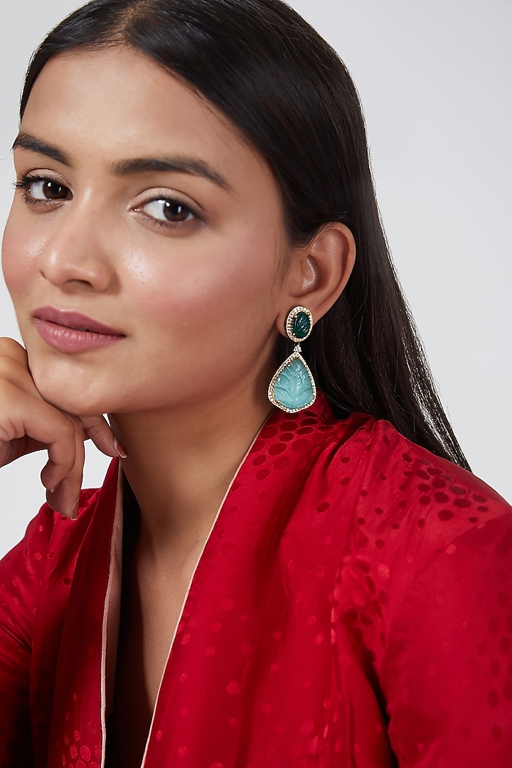 Gold Finish Carved Stone Drop Earrings by VASTRAA Jewellery