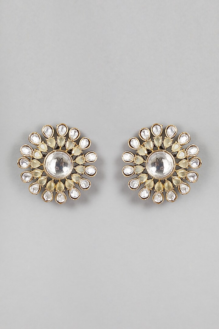Gold Finish Kundan Polki & Mint Green Stone Stud Earrings by VASTRAA Jewellery at Pernia's Pop Up Shop