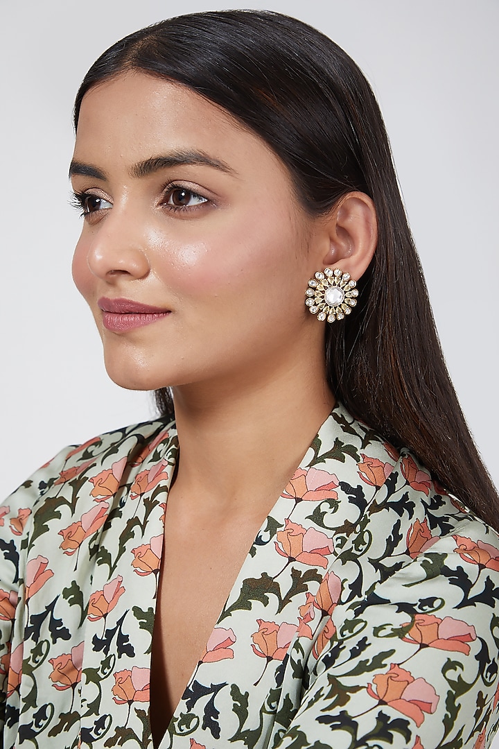 Gold Finish Kundan Polki & Mint Green Stone Stud Earrings by VASTRAA Jewellery