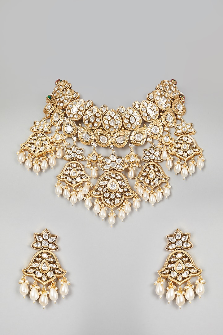 Gold Finish Kundan Polki & Pearl Drop Choker Necklace Set by VASTRAA Jewellery at Pernia's Pop Up Shop