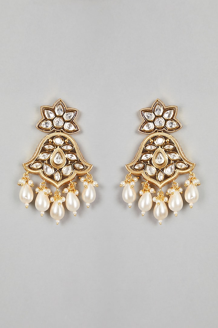 Gold Finish Kundan Polki & Pearl Drop Choker Necklace Set by VASTRAA Jewellery