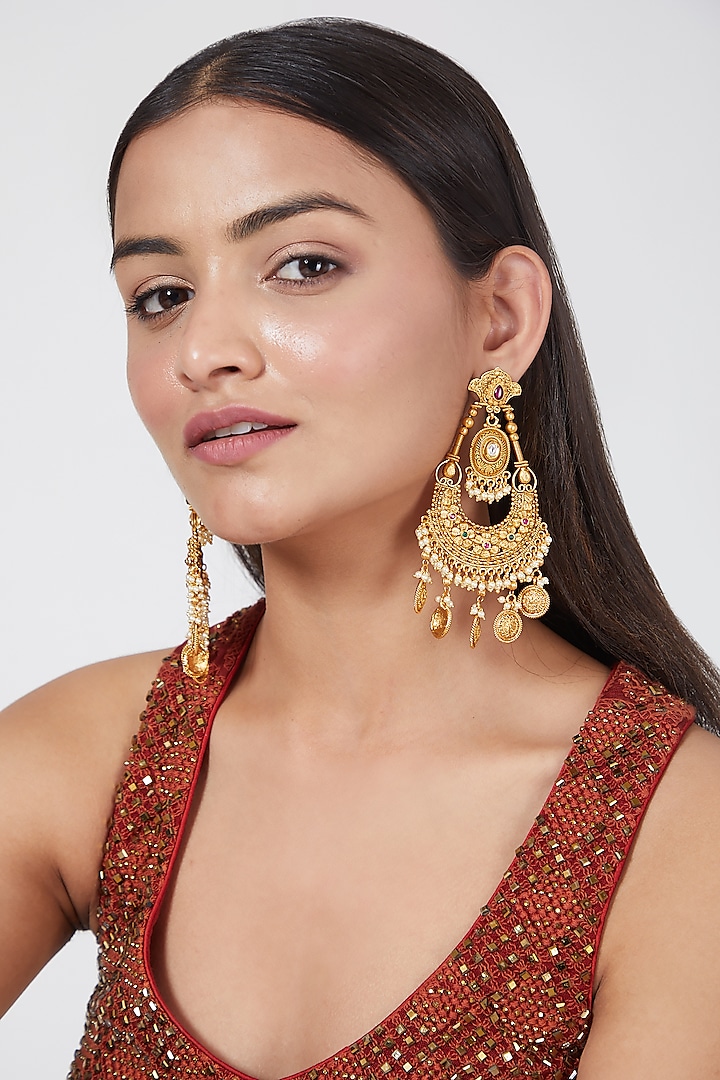 Gold Finish Red & Green Stone Long Earrings by VASTRAA Jewellery