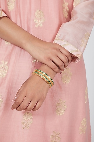 Gold Finish Zircon & Green Stone Bangles (Set of 2) by VASTRAA Jewellery