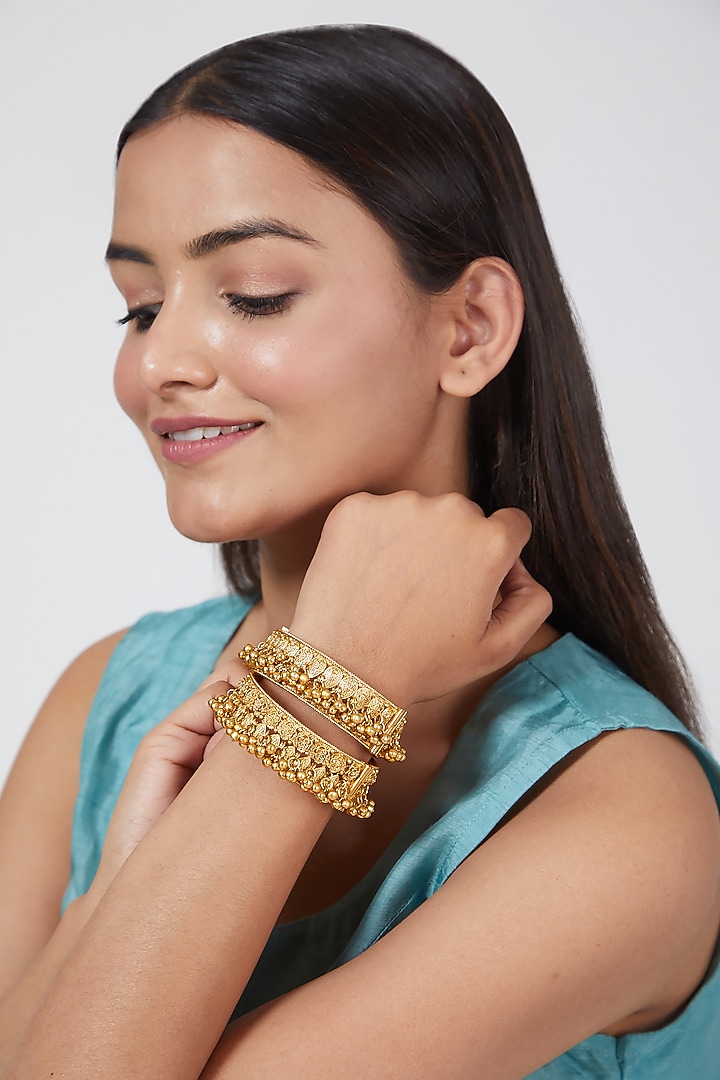 Gold Finish Openable Bangles (Set of 2) by VASTRAA Jewellery at Pernia's Pop Up Shop