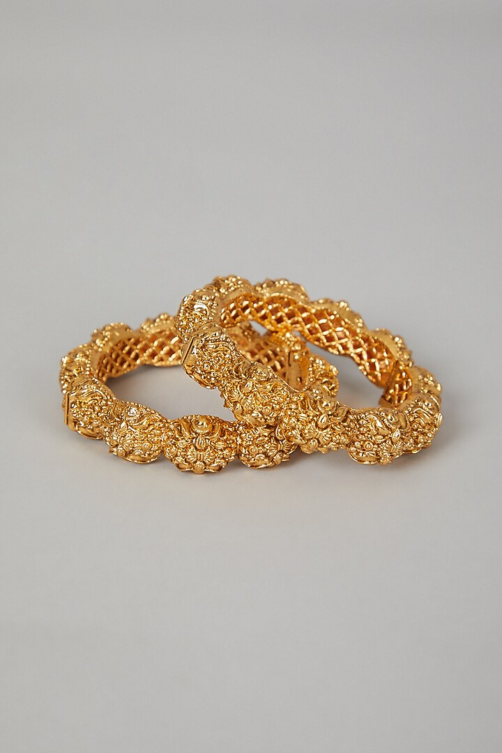 Gold Finish Carved Floral Bangles (Set of 2) by VASTRAA Jewellery at Pernia's Pop Up Shop