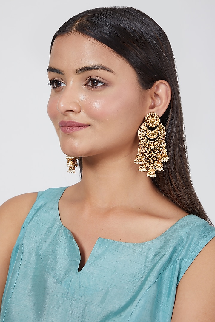 Gold Finish Pearl Long Earrings by VASTRAA Jewellery