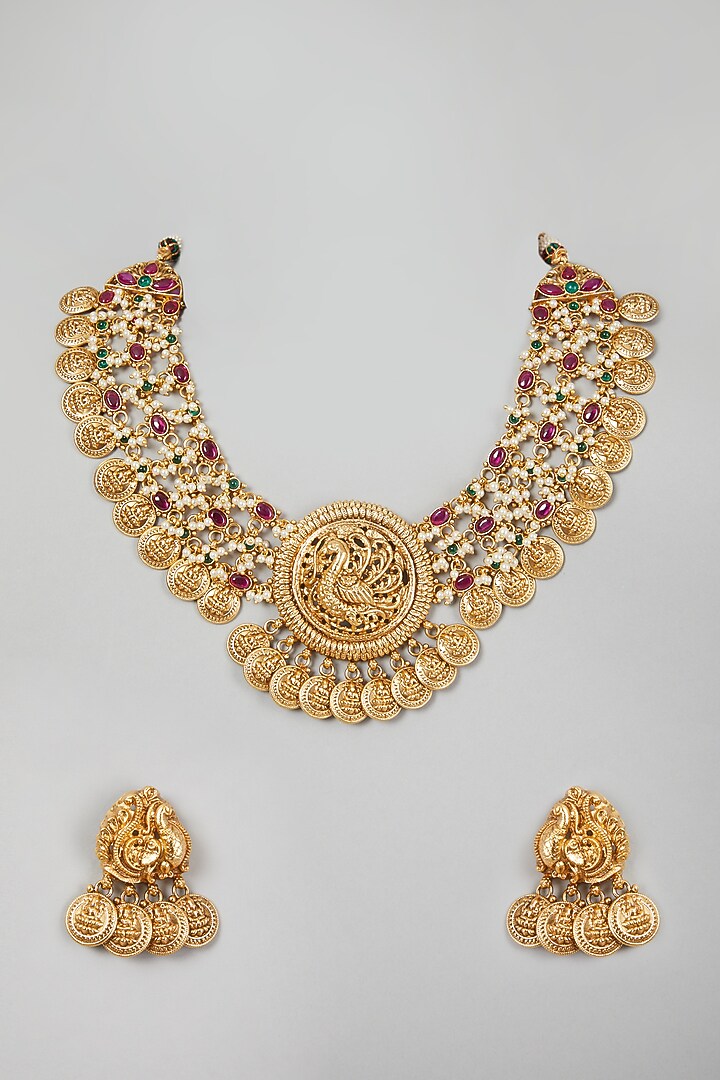 Gold Finish Pearl Temple Necklace Set by VASTRAA Jewellery at Pernia's Pop Up Shop