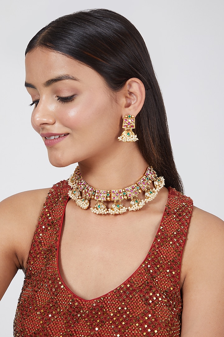 Gold Finish Pearl Choker Necklace Set by VASTRAA Jewellery at Pernia's Pop Up Shop