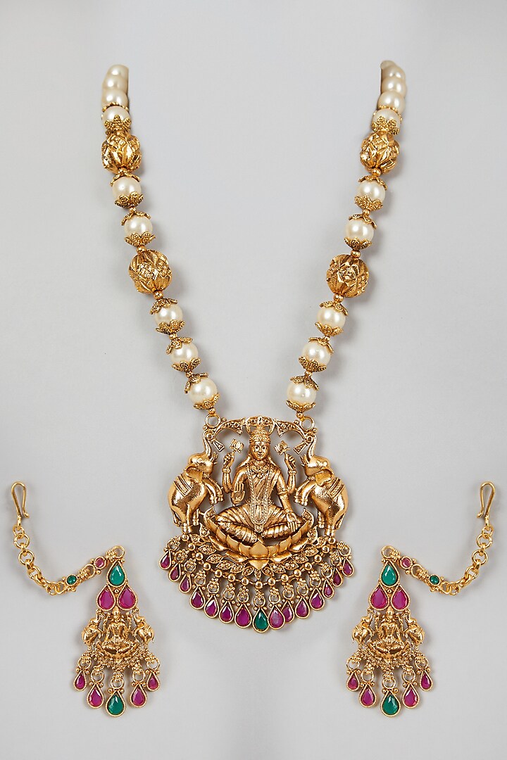 Gold Finish Temple Motif Mala Necklace Set by VASTRAA Jewellery
