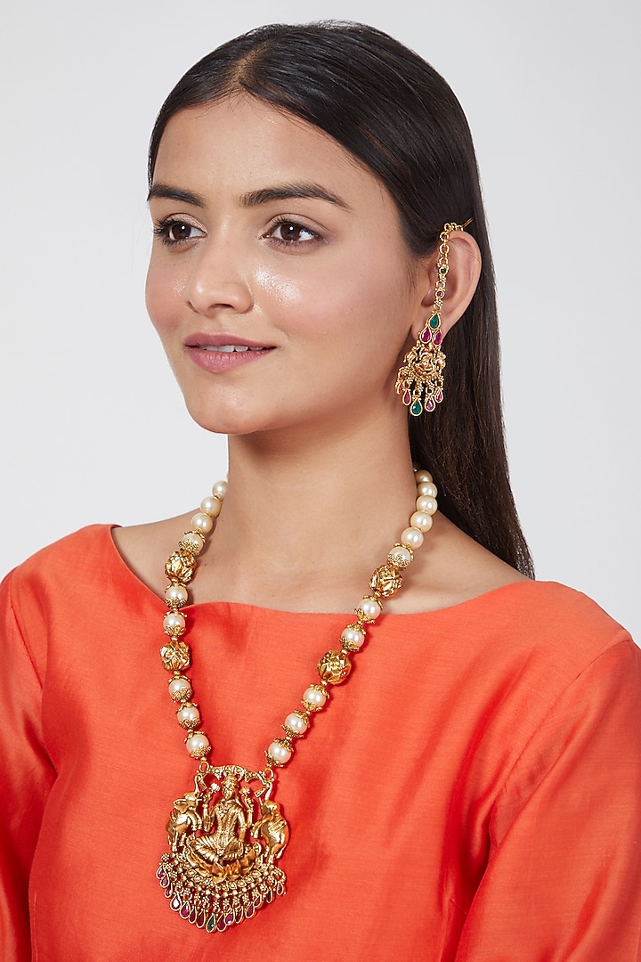 Gold Finish Motif & Pearl Temple Mala Set by VASTRAA Jewellery at Pernia's Pop Up Shop