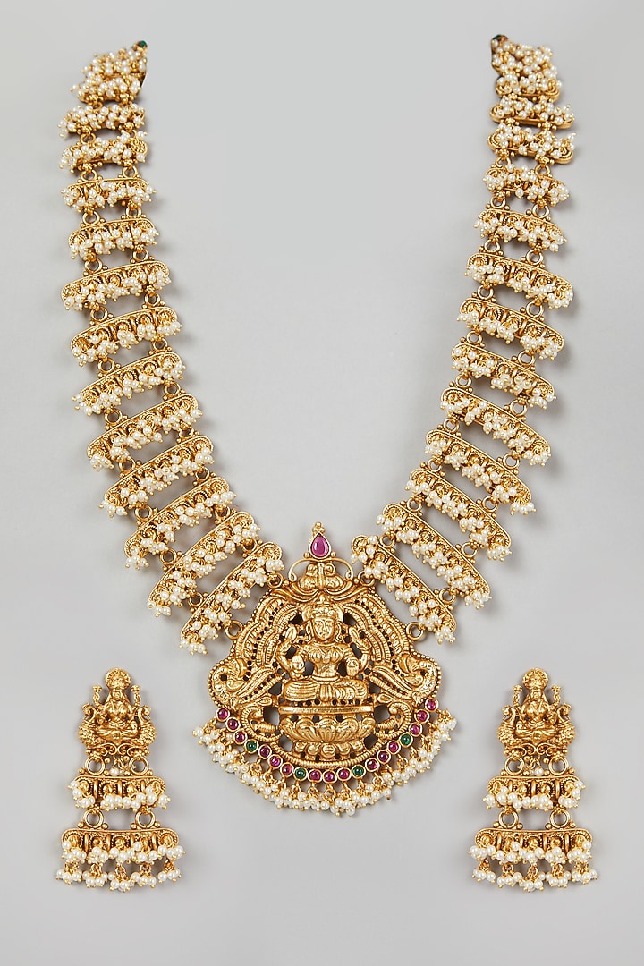 Gold Finish Motif & Pearl Temple Mala Set by VASTRAA Jewellery at Pernia's Pop Up Shop