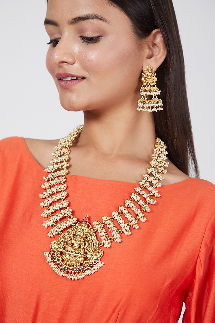 Gold Finish Motif & Pearl Temple Mala Set by VASTRAA Jewellery at Pernia's Pop Up Shop