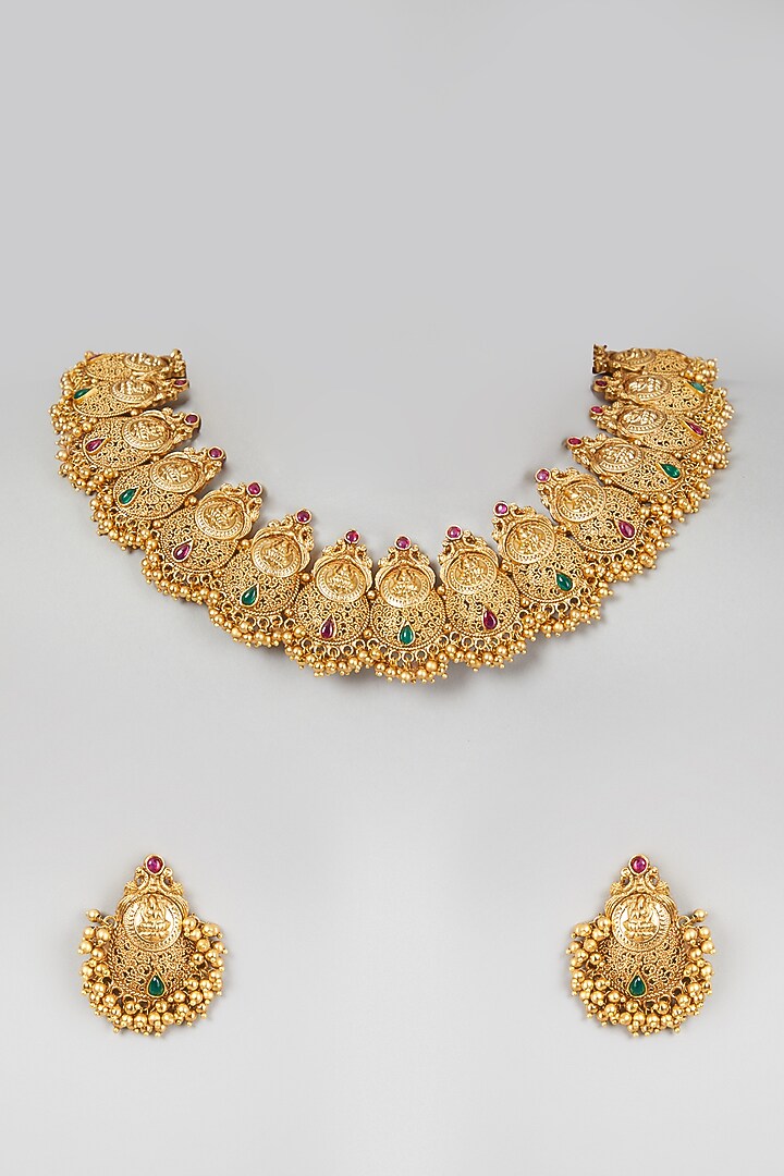 Gold Finish Carved Temple Choker Necklace Set by VASTRAA Jewellery at Pernia's Pop Up Shop