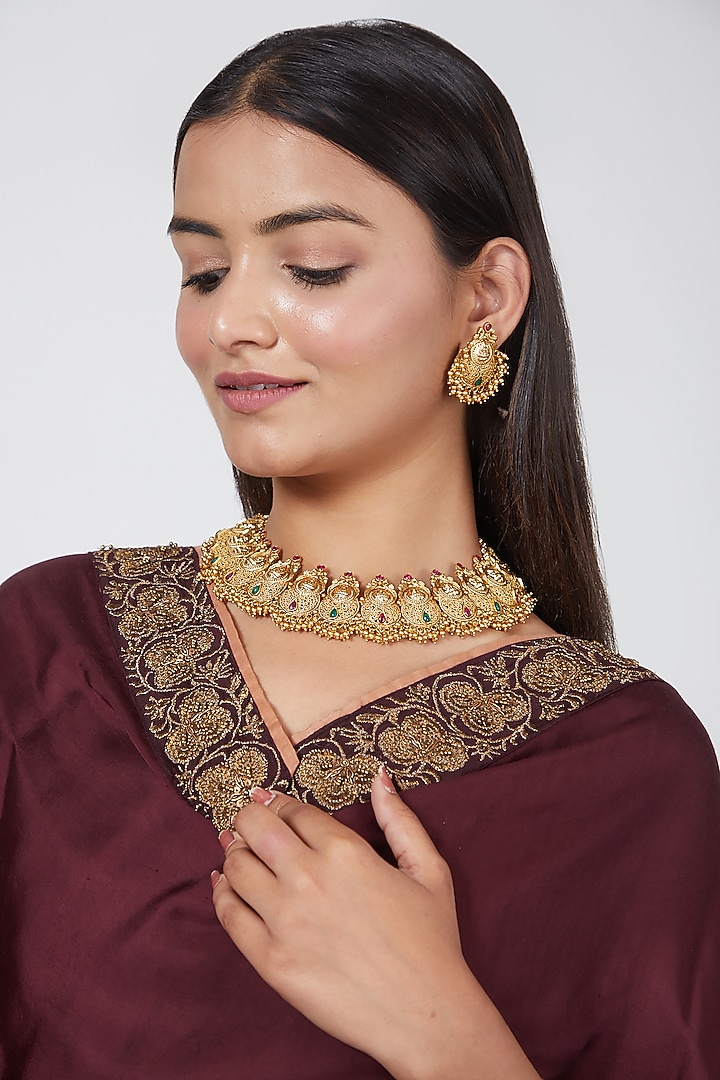 Gold Finish Carved Temple Choker Necklace Set by VASTRAA Jewellery at Pernia's Pop Up Shop