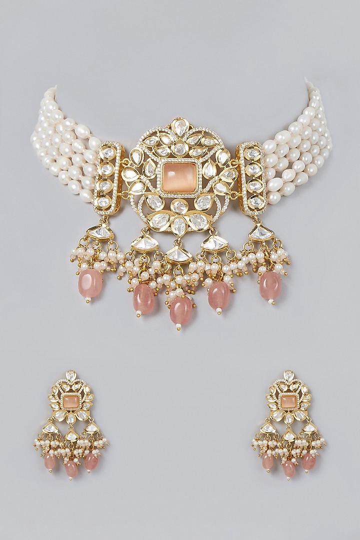 Gold Finish Kundan Polki & Pink Drop Beaded Choker Necklace Set by VASTRAA Jewellery at Pernia's Pop Up Shop