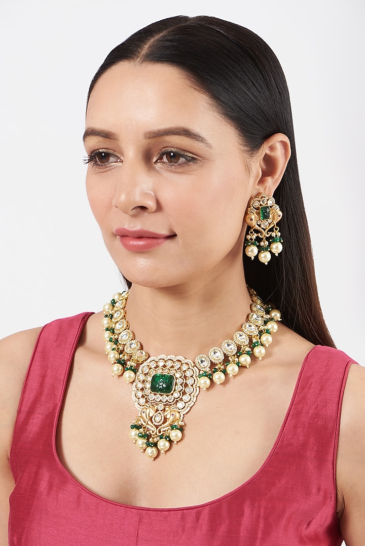 Gold Finish Kundan Polki & Dark Green Beaded Necklace Set by VASTRAA Jewellery at Pernia's Pop Up Shop