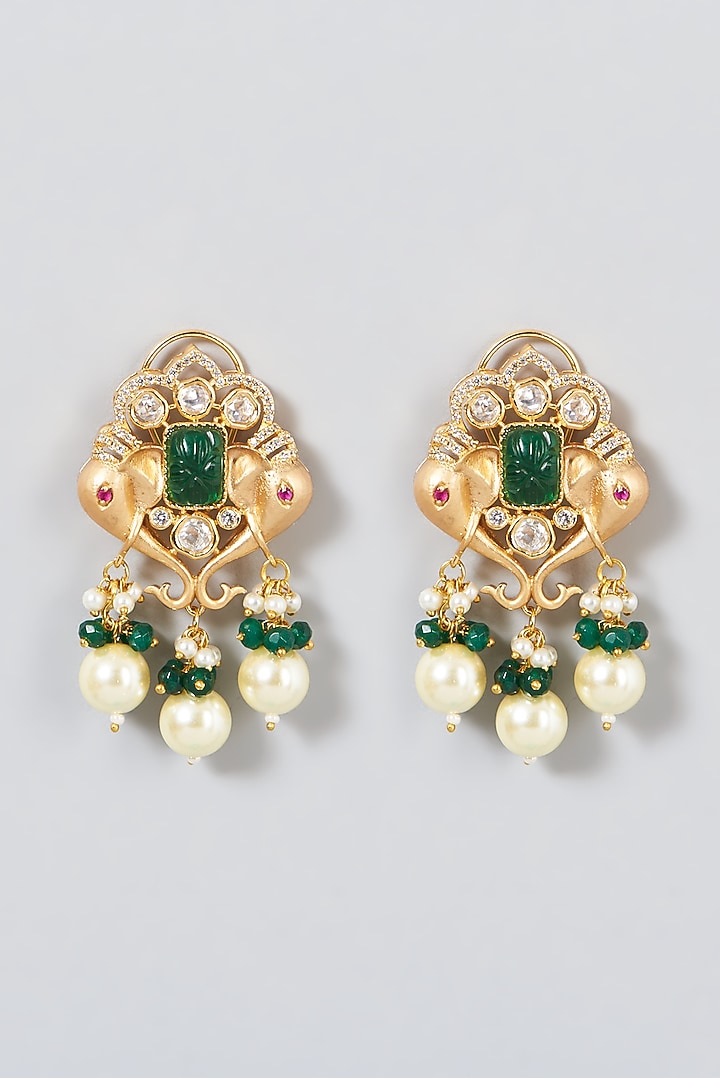 Gold Finish Kundan Polki & Dark Green Beaded Necklace Set by VASTRAA Jewellery at Pernia's Pop Up Shop