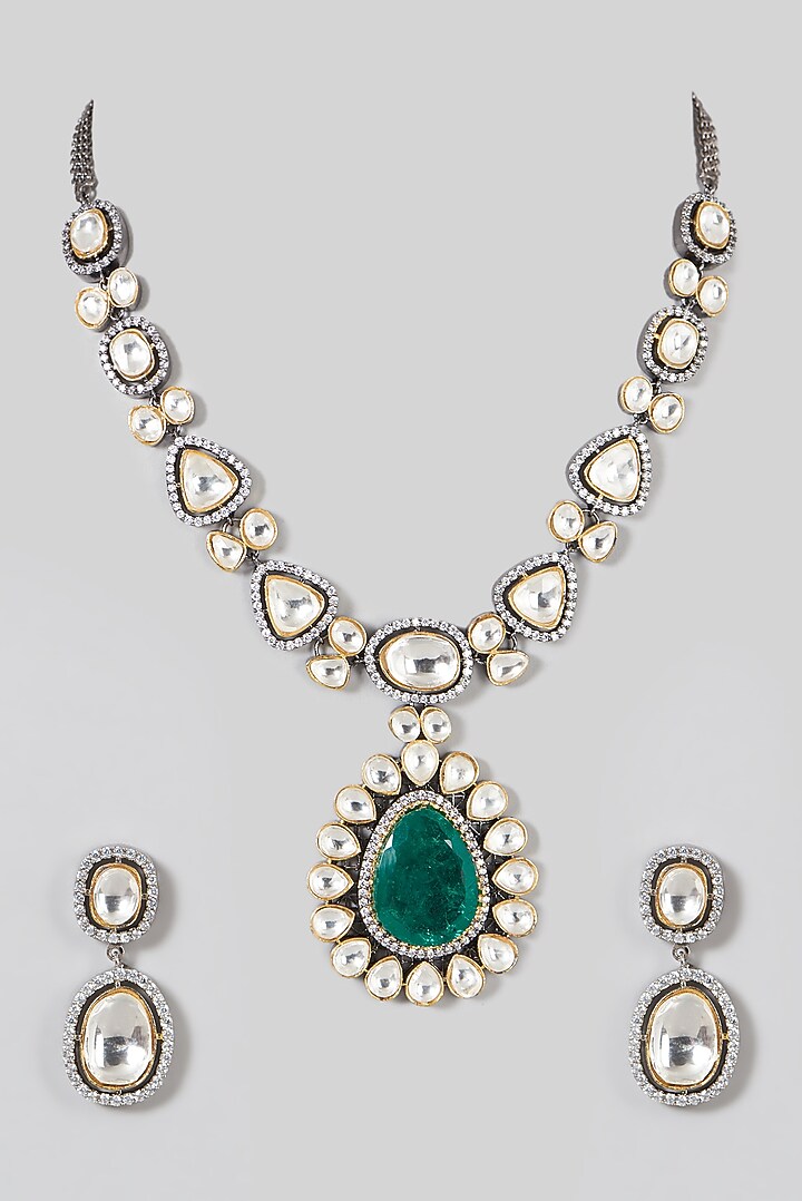 Two Tone Finish Kundan Polki & Synthetic Emerald Necklace Set by VASTRAA Jewellery at Pernia's Pop Up Shop