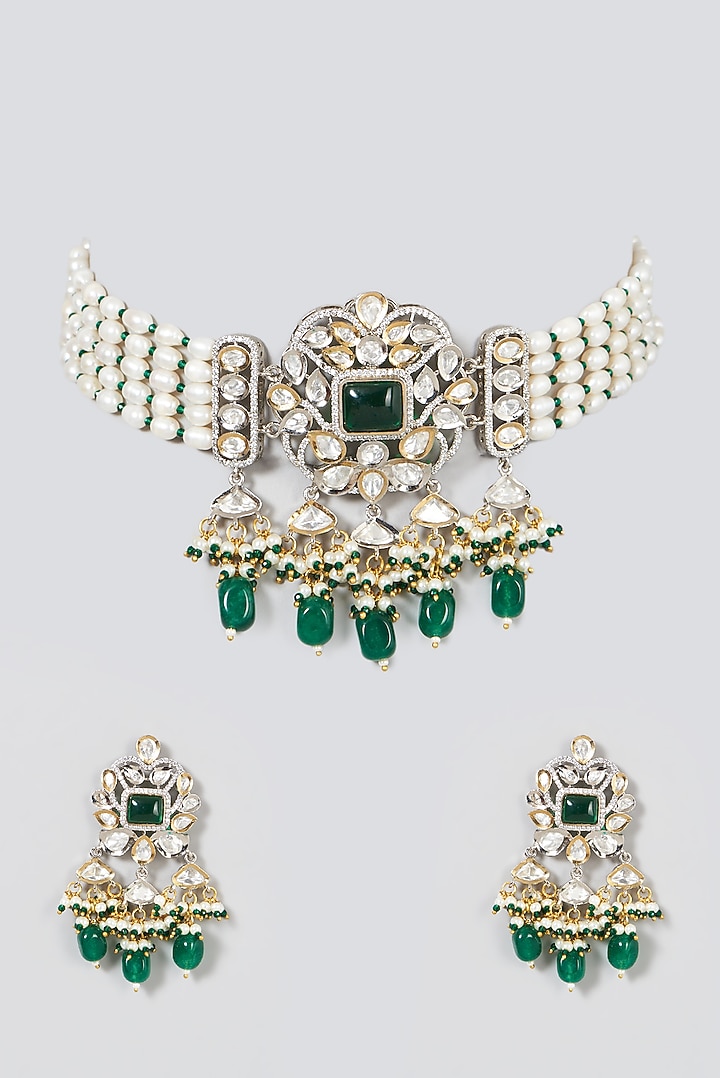 Two Tone Finish Kundan Polki & Pearl Choker Necklace Set by VASTRAA Jewellery at Pernia's Pop Up Shop