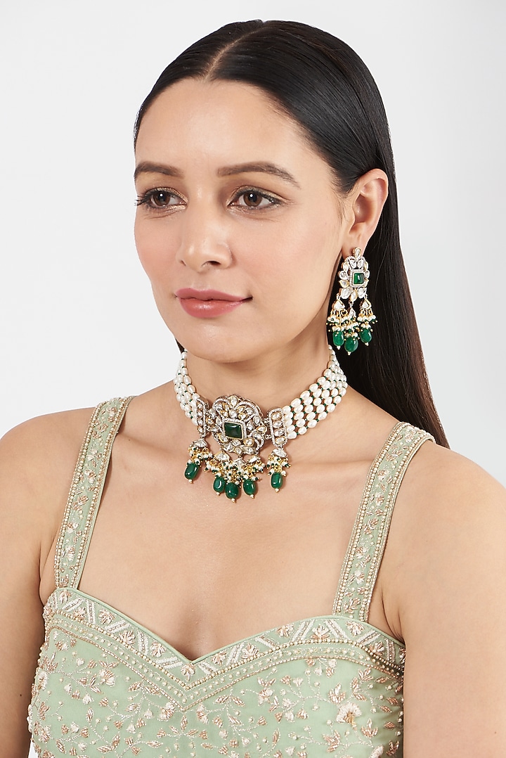 Two Tone Finish Kundan Polki & Pearl Choker Necklace Set by VASTRAA Jewellery at Pernia's Pop Up Shop