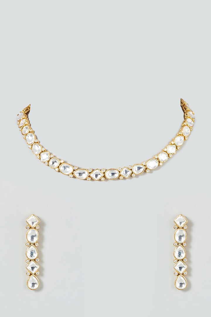 Gold Finish Kundan Polki Necklace Set by VASTRAA Jewellery at Pernia's Pop Up Shop