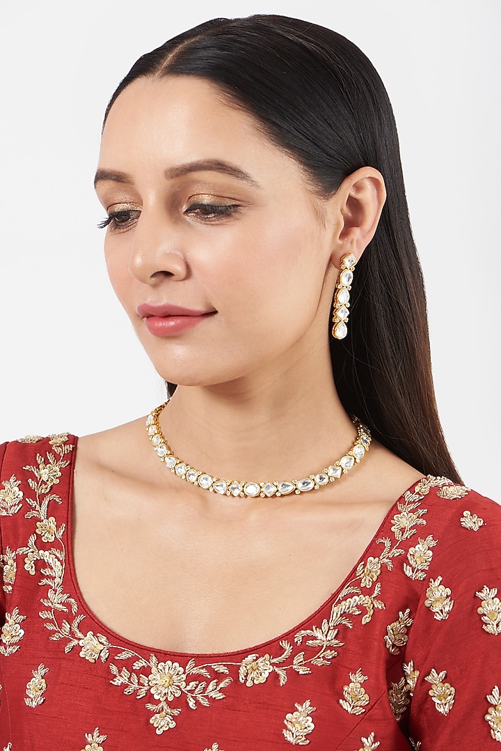 Gold Finish Kundan Polki Necklace Set by VASTRAA Jewellery at Pernia's Pop Up Shop