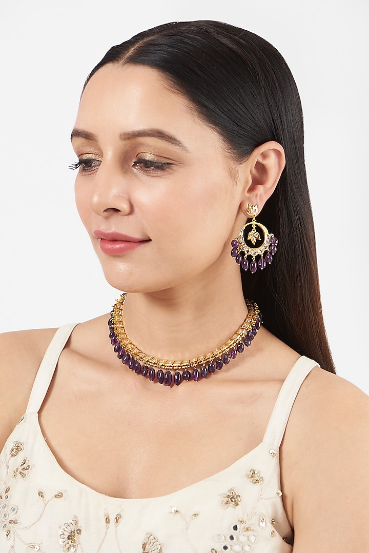 Gold Finish Kundan Polki & Purple Beaded Necklace Set by VASTRAA Jewellery