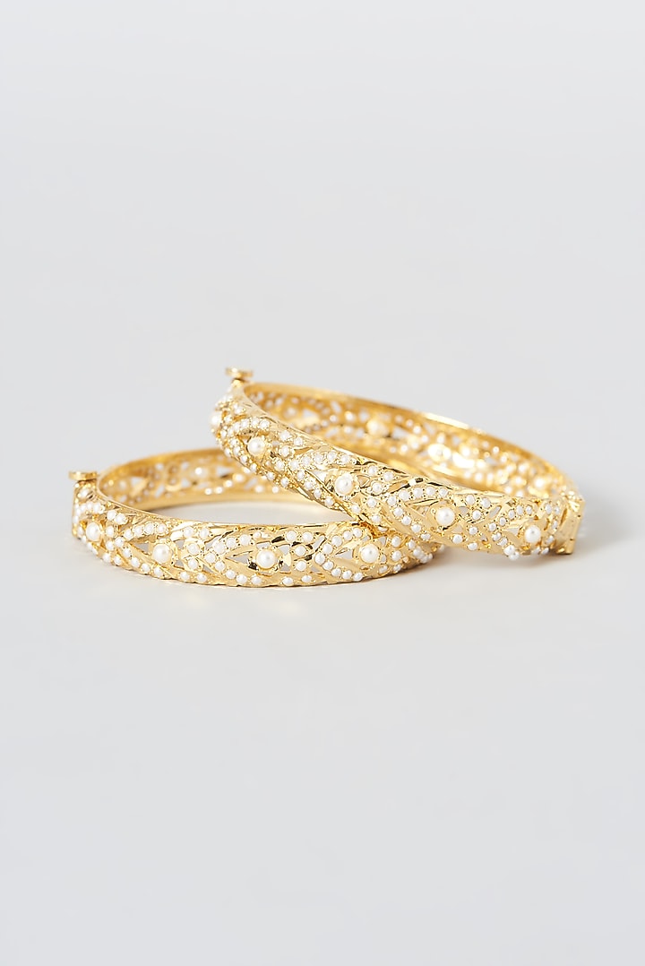Gold Finish Kundan Polki Bangles (Set of 2) by VASTRAA Jewellery at Pernia's Pop Up Shop