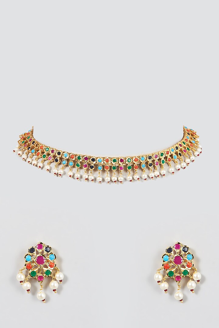 Gold Finish Kundan Polki & Jadau Beaded Necklace Set by VASTRAA Jewellery at Pernia's Pop Up Shop