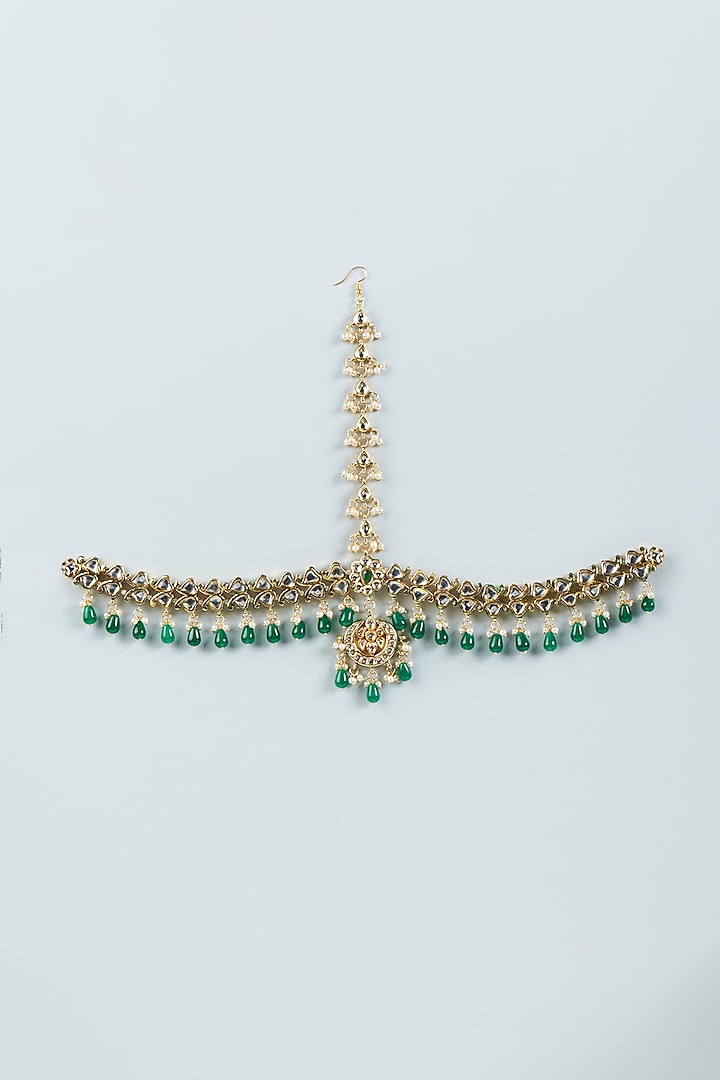 Gold Finish Kundan Polki & Green Beaded Mathapatti by VASTRAA Jewellery