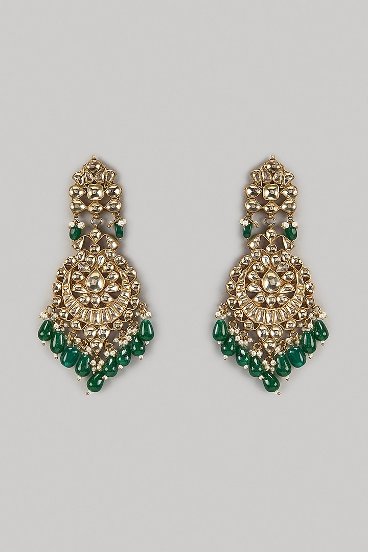 Gold Finish Green Stone Dangler Earrings by VASTRAA Jewellery at Pernia's Pop Up Shop