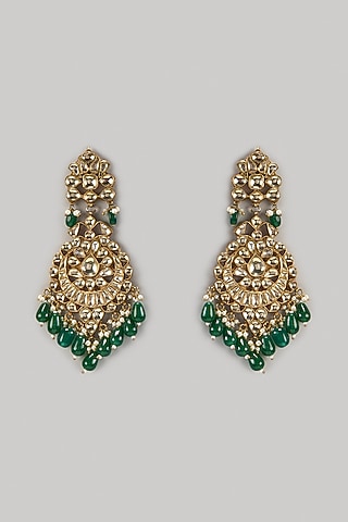 Gold Finish Green Stone Dangler Earrings by VASTRAA Jewellery