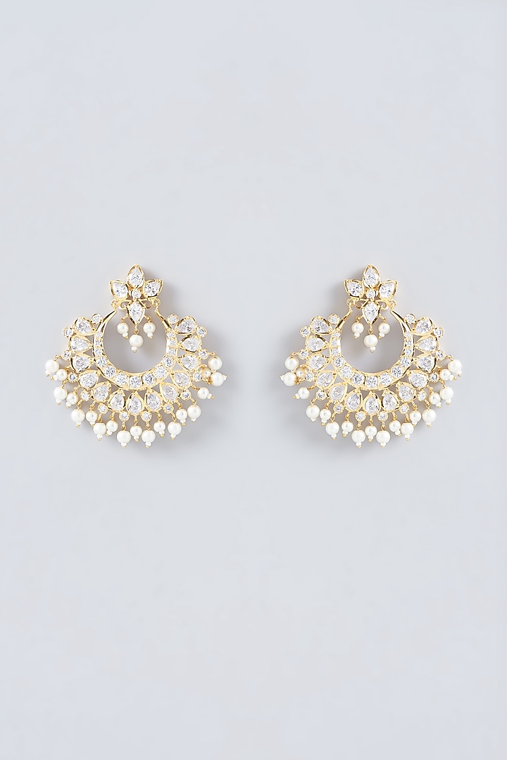 Gold Finish Kundan Polki & Pearl Chandbali Earrings by VASTRAA Jewellery at Pernia's Pop Up Shop