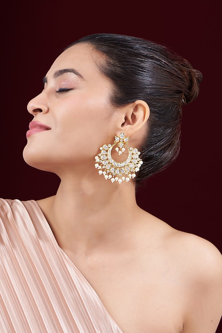 Gold Finish Kundan Polki & Pearl Chandbali Earrings by VASTRAA Jewellery at Pernia's Pop Up Shop