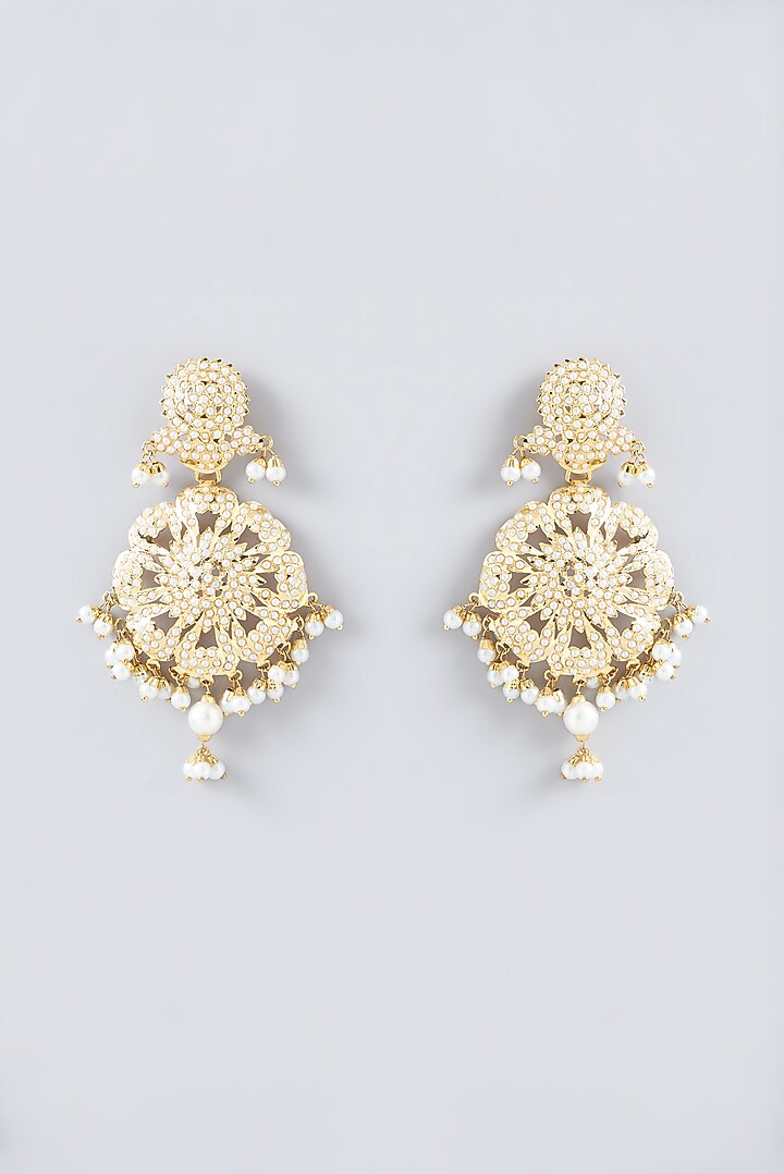 Gold Finish Kundan Polki & Pearl Dangler Earrings by VASTRAA Jewellery at Pernia's Pop Up Shop