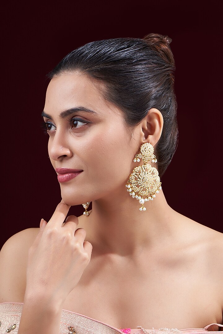 Gold Finish Kundan Polki & Pearl Dangler Earrings by VASTRAA Jewellery at Pernia's Pop Up Shop