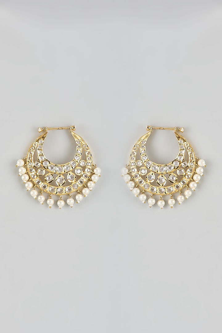 Gold Finish Kundan Polki Dangler Earrings by VASTRAA Jewellery at Pernia's Pop Up Shop