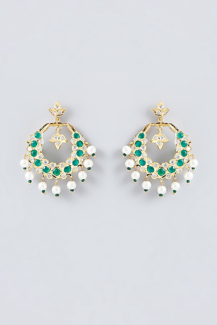 Gold Finish Kundan Polki & Emerald Synthetic Stone Chandbali Earrings by VASTRAA Jewellery at Pernia's Pop Up Shop