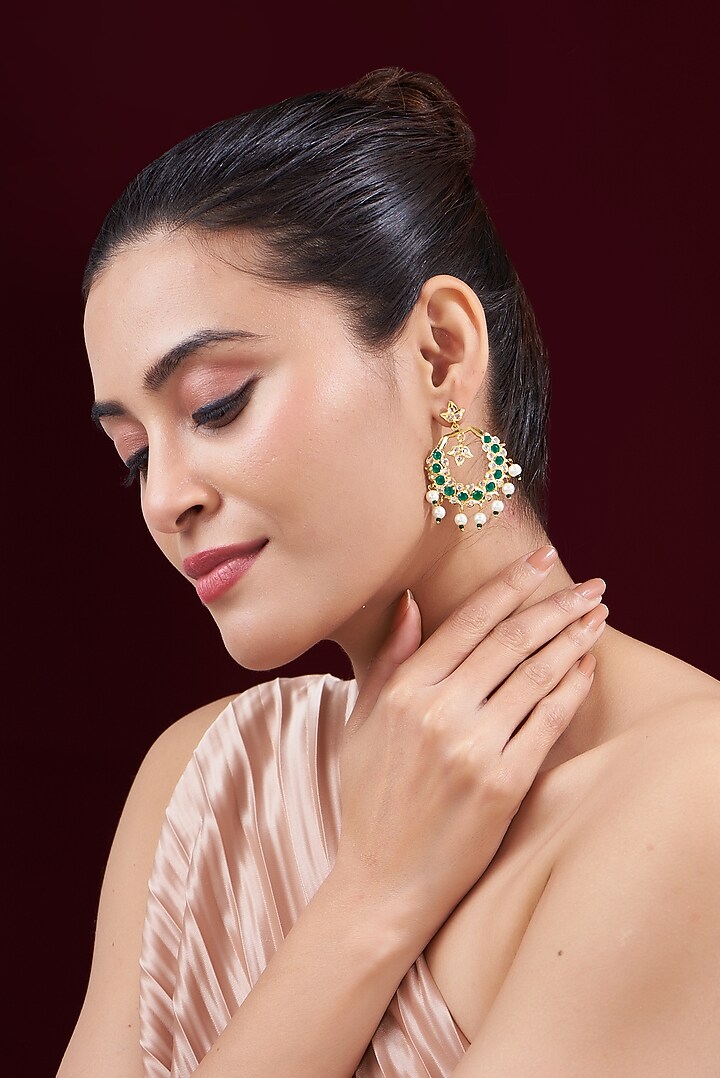 Gold Finish Kundan Polki & Emerald Synthetic Stone Chandbali Earrings by VASTRAA Jewellery at Pernia's Pop Up Shop