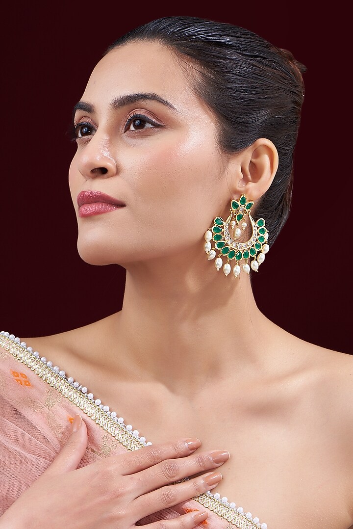 Gold Finish Kundan Polki & Emerald Synthetic Stone Chandbali Earrings by VASTRAA Jewellery at Pernia's Pop Up Shop