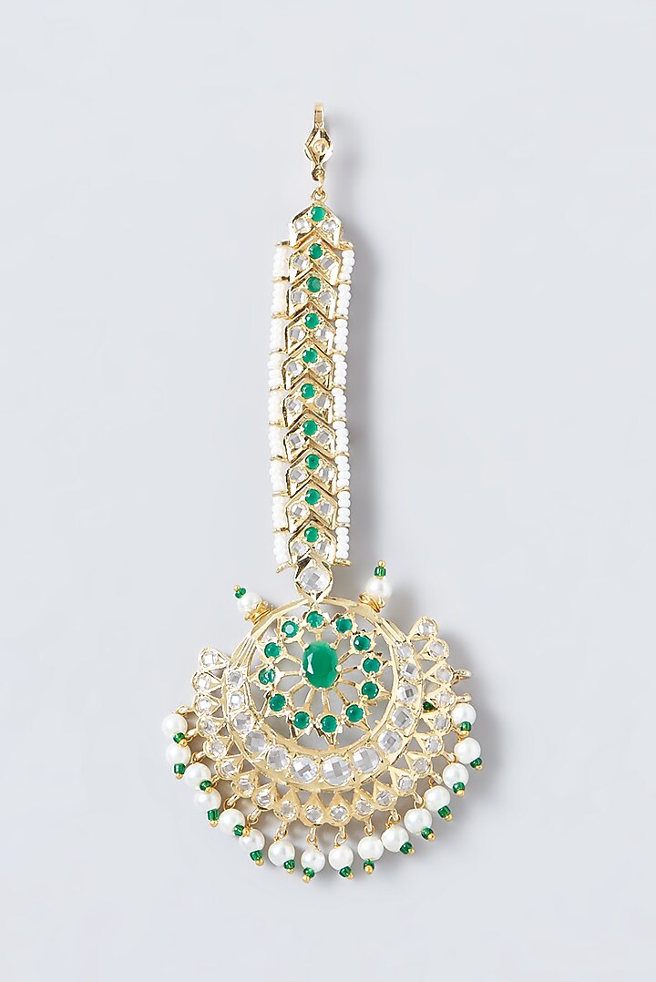 Gold Finish Kundan Polki & Pearl Maangtikka by VASTRAA Jewellery at Pernia's Pop Up Shop
