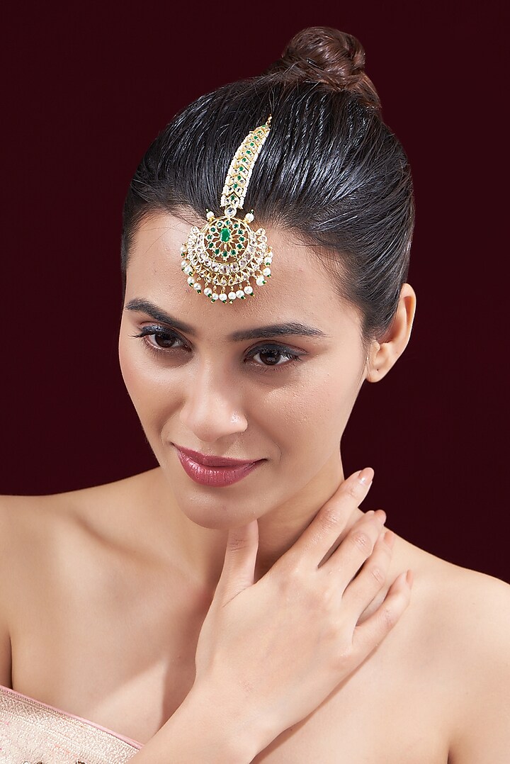 Gold Finish Kundan Polki & Pearl Maangtikka by VASTRAA Jewellery at Pernia's Pop Up Shop