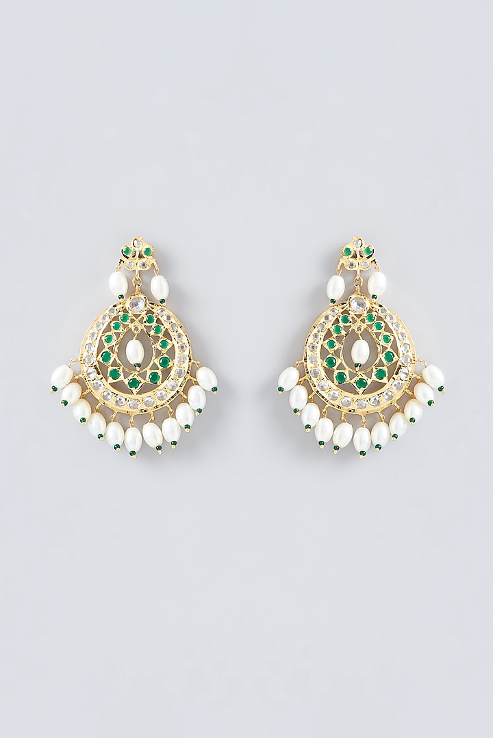 Gold Finish Kundan Polki & Pearl Chandbali Earrings by VASTRAA Jewellery at Pernia's Pop Up Shop