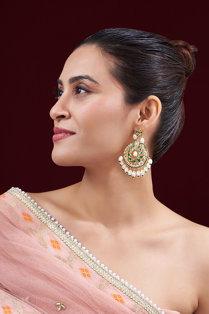 Gold Finish Kundan Polki & Pearl Chandbali Earrings by VASTRAA Jewellery at Pernia's Pop Up Shop