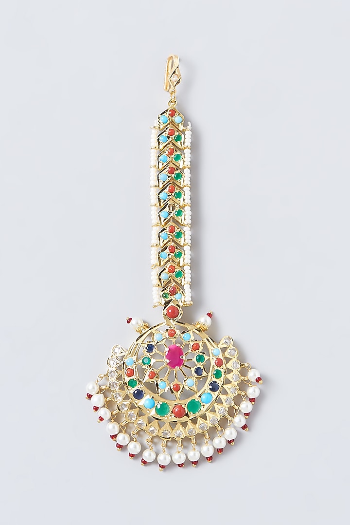 Gold Finish Kundan Polki & Pearl Maangtikka by VASTRAA Jewellery at Pernia's Pop Up Shop