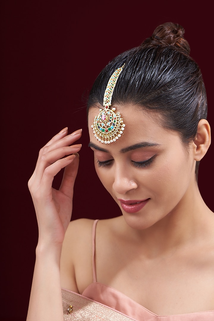 Gold Finish Kundan Polki & Pearl Maangtikka by VASTRAA Jewellery at Pernia's Pop Up Shop