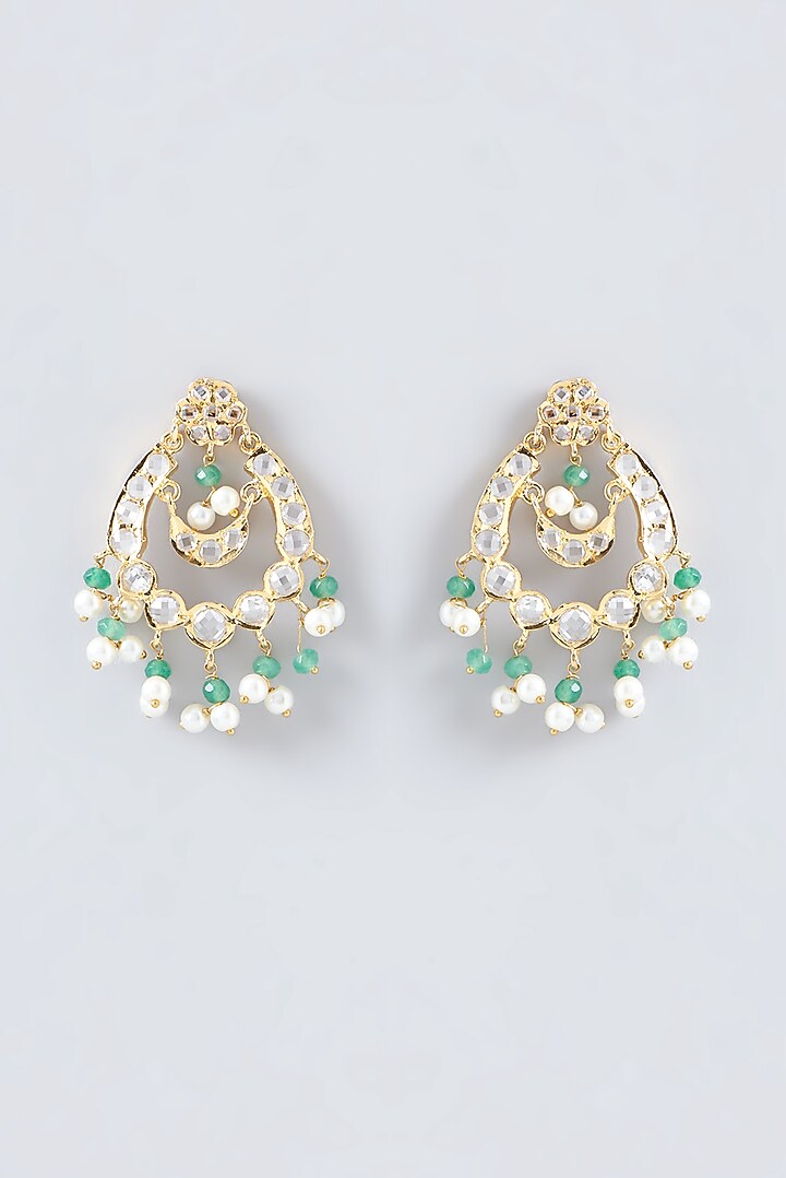 Gold Finish Kundan Polki & Pearl Chandbali Earrings by VASTRAA Jewellery at Pernia's Pop Up Shop