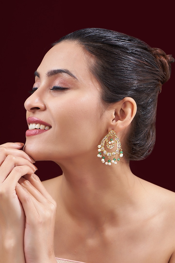 Gold Finish Kundan Polki & Pearl Chandbali Earrings by VASTRAA Jewellery at Pernia's Pop Up Shop