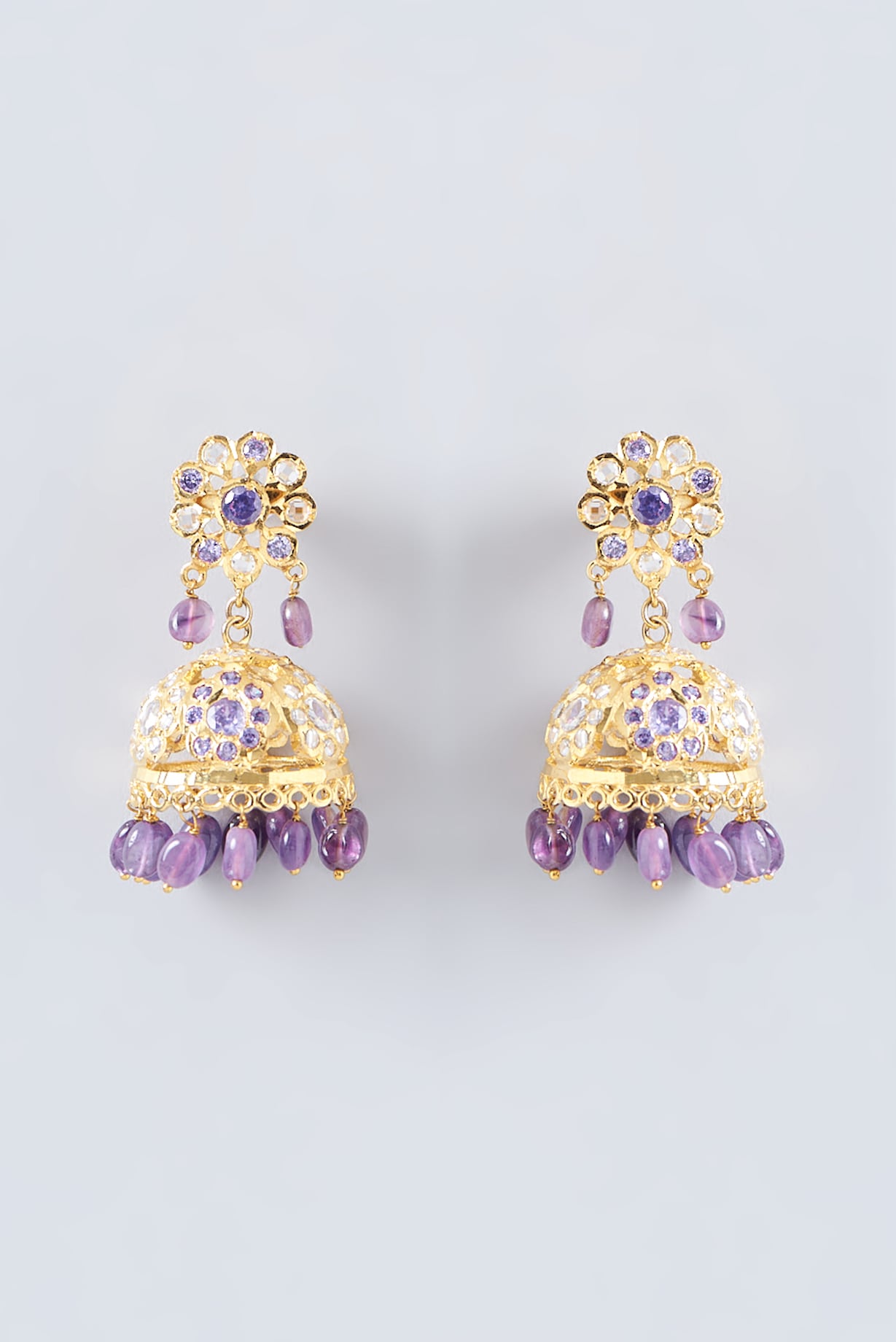 Gold Finish Kundan Polki Purple Stone Jhumka Earrings by VASTRAA  Jewellery at Pernia's Pop Up Shop